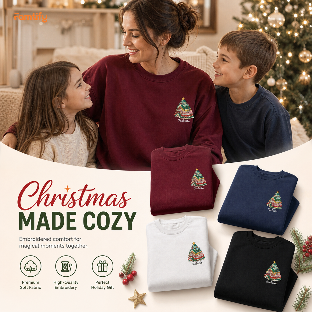 Personalized Christmas Tree Books Sweatshirt with Custom Name | Book Lover Holiday Crewneck