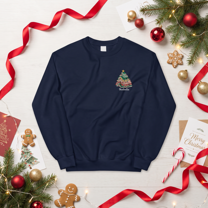 Personalized Christmas Tree Books Sweatshirt with Custom Name | Book Lover Holiday Crewneck