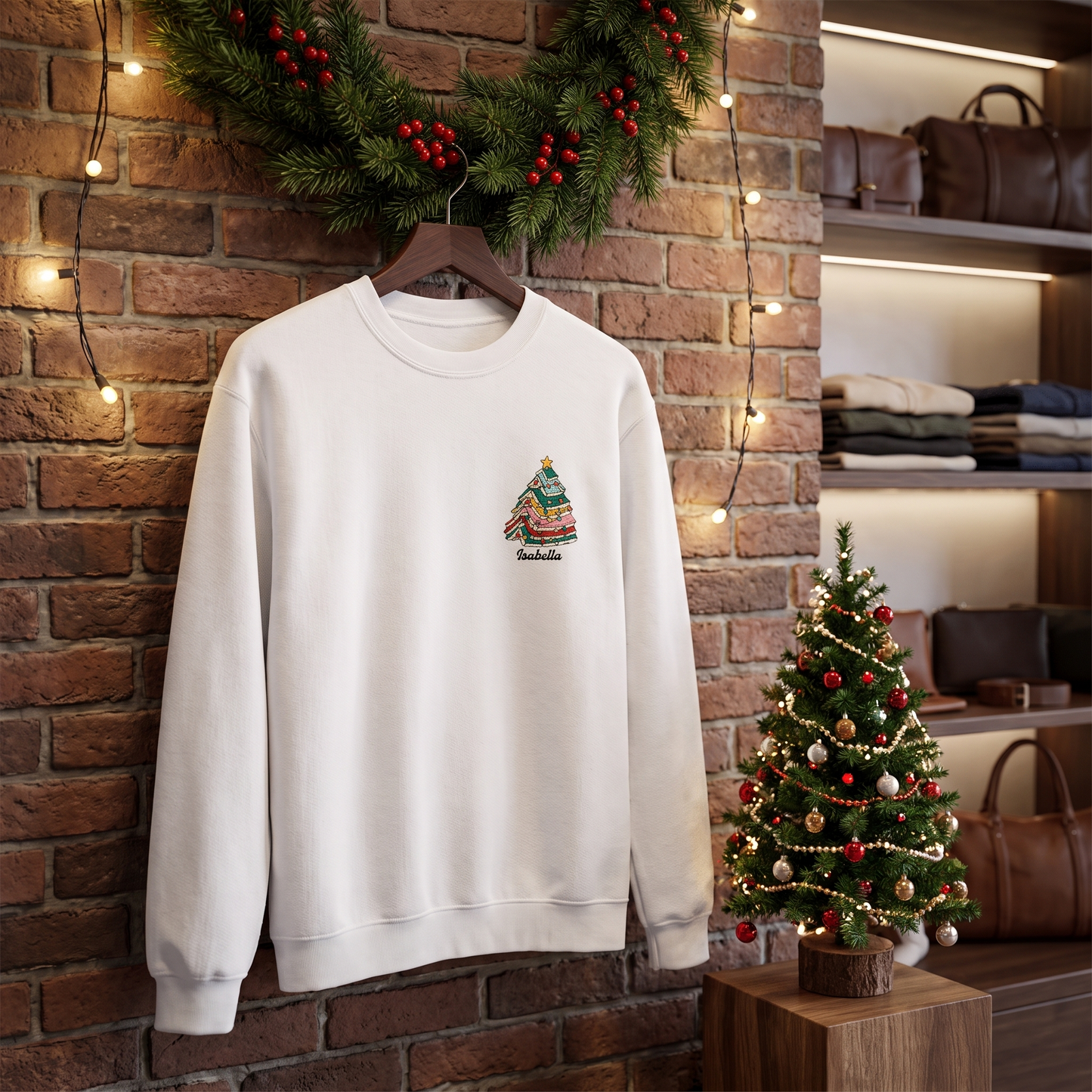 Personalized Christmas Tree Books Sweatshirt with Custom Name | Book Lover Holiday Crewneck