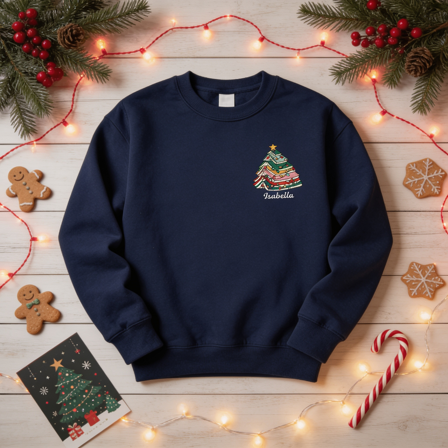 Personalized Christmas Tree Books Sweatshirt with Custom Name | Book Lover Holiday Crewneck