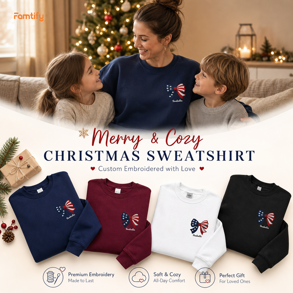 Personalized Christmas American Flag Bow Embroidered Sweatshirt, Custom Name Holiday Crewneck, Patriotic Xmas Gift for Women