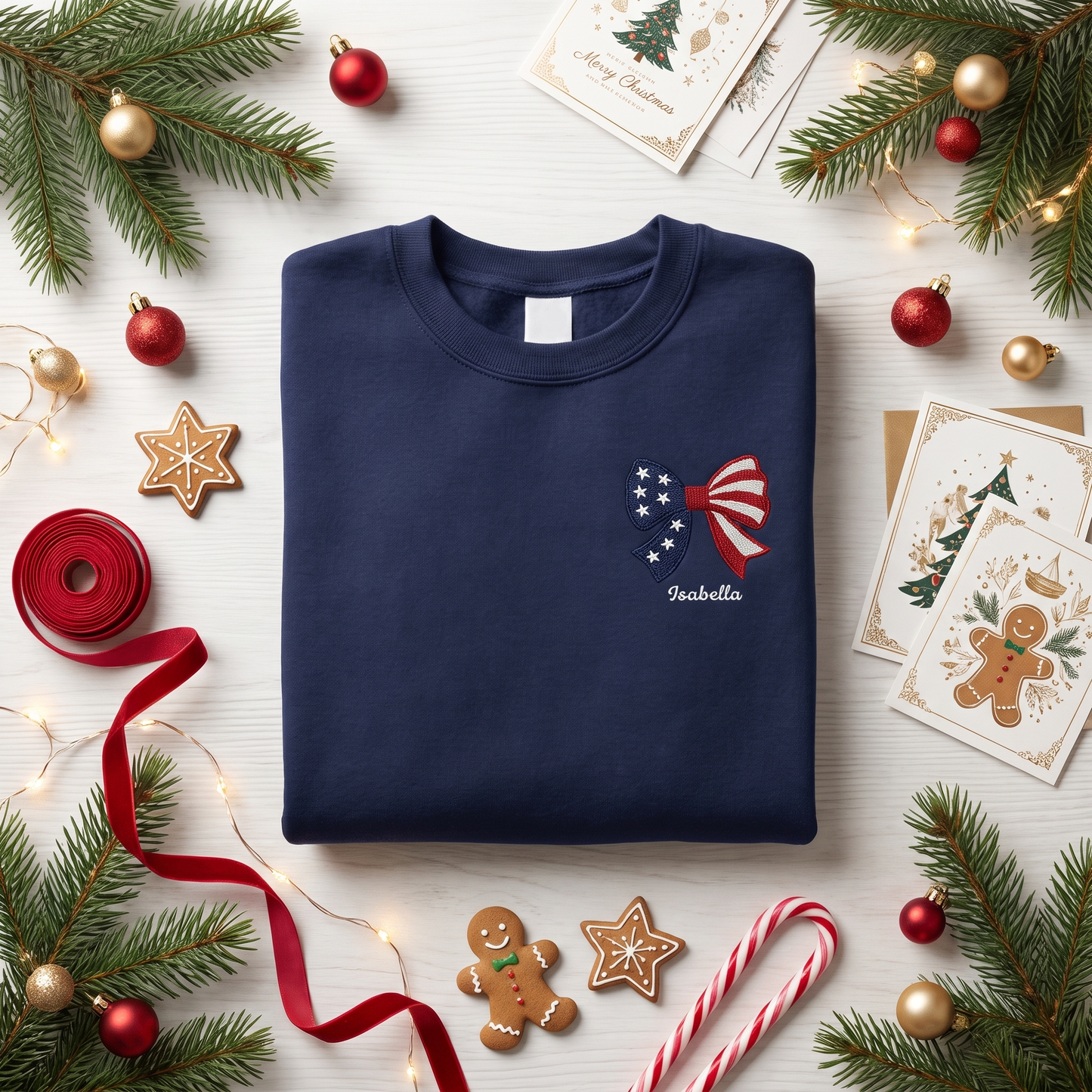 Personalized Christmas American Flag Bow Embroidered Sweatshirt, Custom Name Holiday Crewneck, Patriotic Xmas Gift for Women