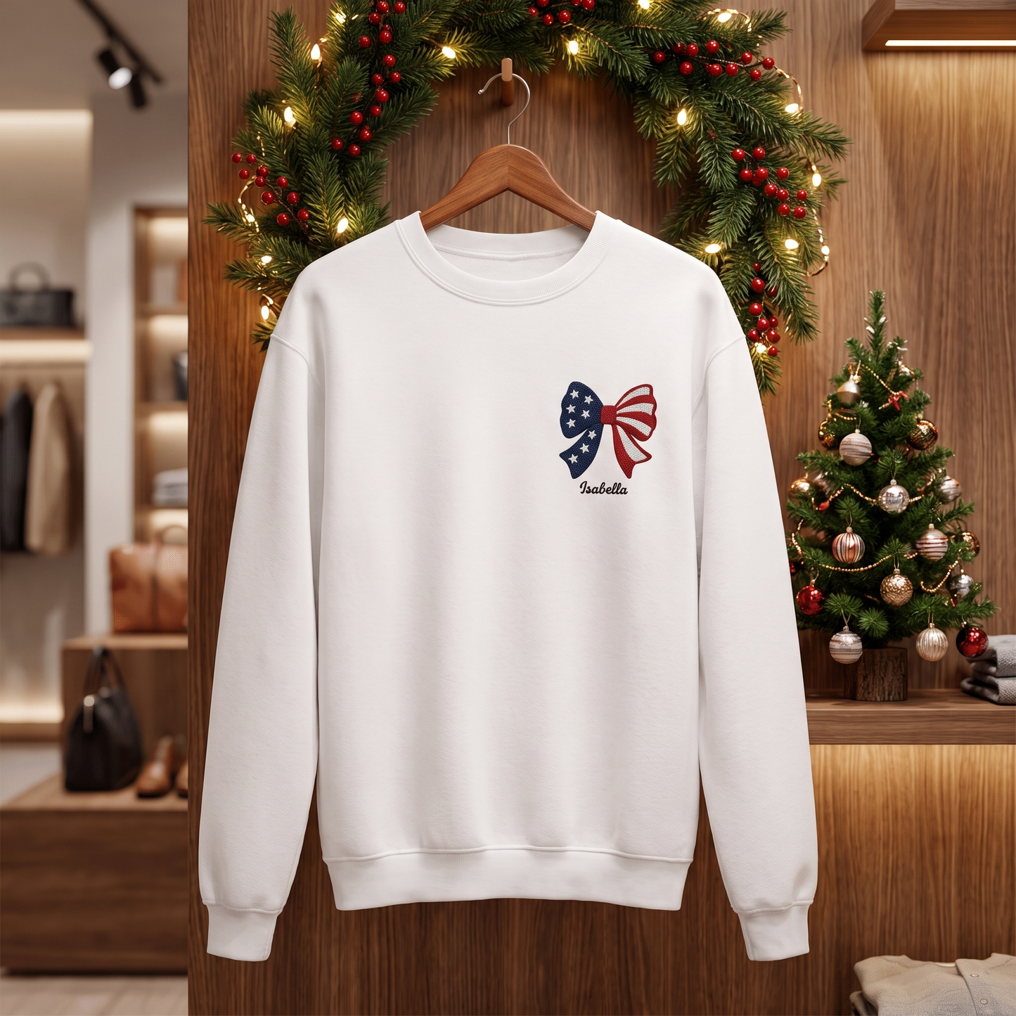 Personalized Christmas American Flag Bow Embroidered Sweatshirt, Custom Name Holiday Crewneck, Patriotic Xmas Gift for Women