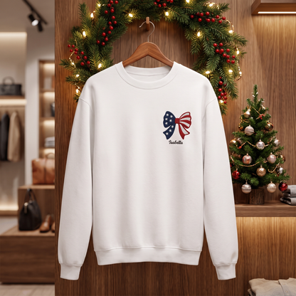 Personalized Christmas American Flag Bow Embroidered Sweatshirt, Custom Name Holiday Crewneck, Patriotic Xmas Gift for Women