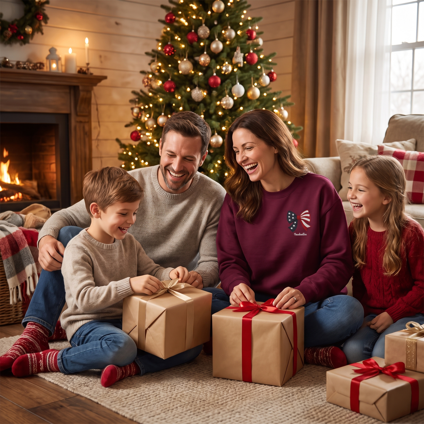 Personalized Christmas American Flag Bow Embroidered Sweatshirt, Custom Name Holiday Crewneck, Patriotic Xmas Gift for Women
