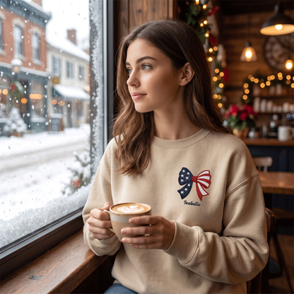 Personalized Christmas American Flag Bow Embroidered Sweatshirt, Custom Name Holiday Crewneck, Patriotic Xmas Gift for Women