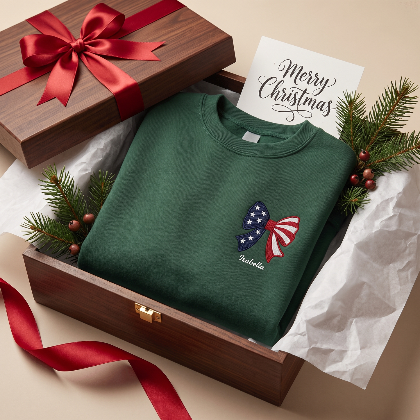 Personalized Christmas American Flag Bow Embroidered Sweatshirt, Custom Name Holiday Crewneck, Patriotic Xmas Gift for Women