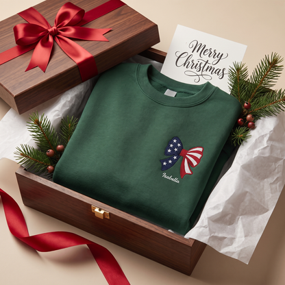 Personalized Christmas American Flag Bow Embroidered Sweatshirt, Custom Name Holiday Crewneck, Patriotic Xmas Gift for Women