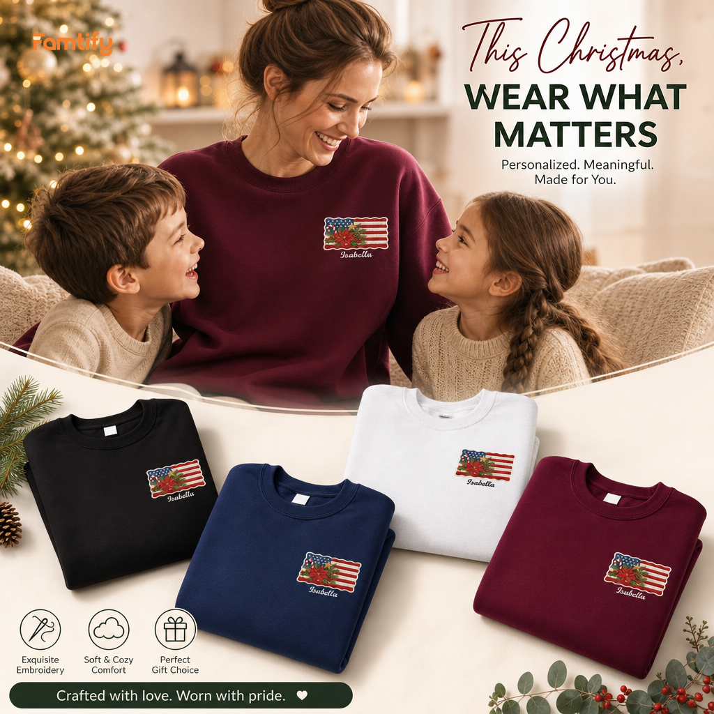 Personalized Christmas American Flag Embroidered Sweatshirt | Custom Name Holiday Crewneck Gift