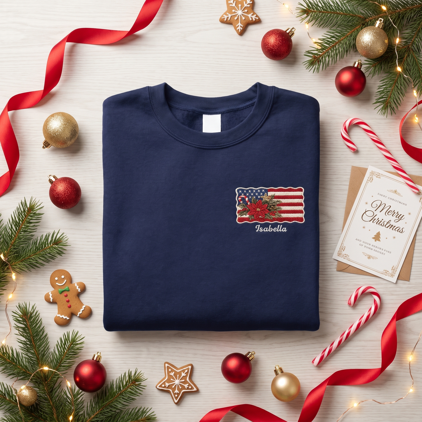 Personalized Christmas American Flag Embroidered Sweatshirt | Custom Name Holiday Crewneck Gift