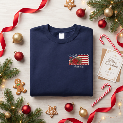 Personalized Christmas American Flag Embroidered Sweatshirt | Custom Name Holiday Crewneck Gift