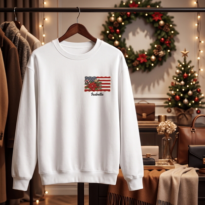 Personalized Christmas American Flag Embroidered Sweatshirt | Custom Name Holiday Crewneck Gift