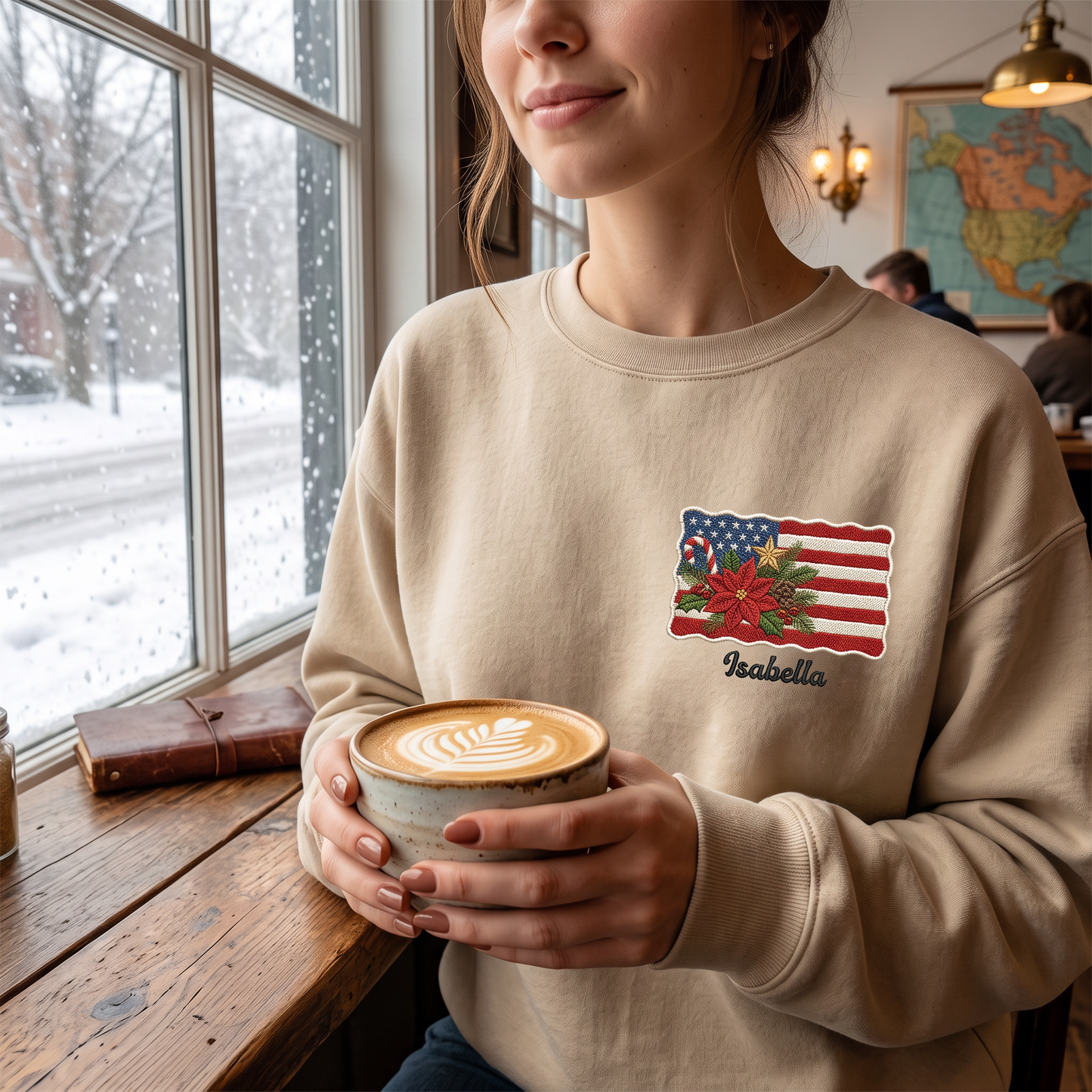 Personalized Christmas American Flag Embroidered Sweatshirt | Custom Name Holiday Crewneck Gift