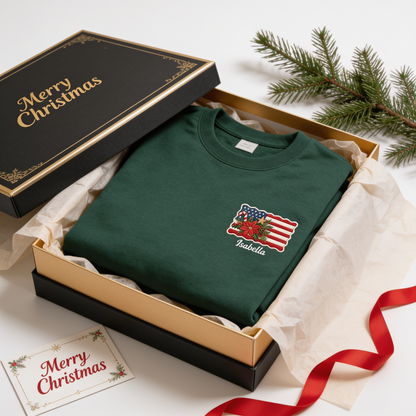 Personalized Christmas American Flag Embroidered Sweatshirt | Custom Name Holiday Crewneck Gift