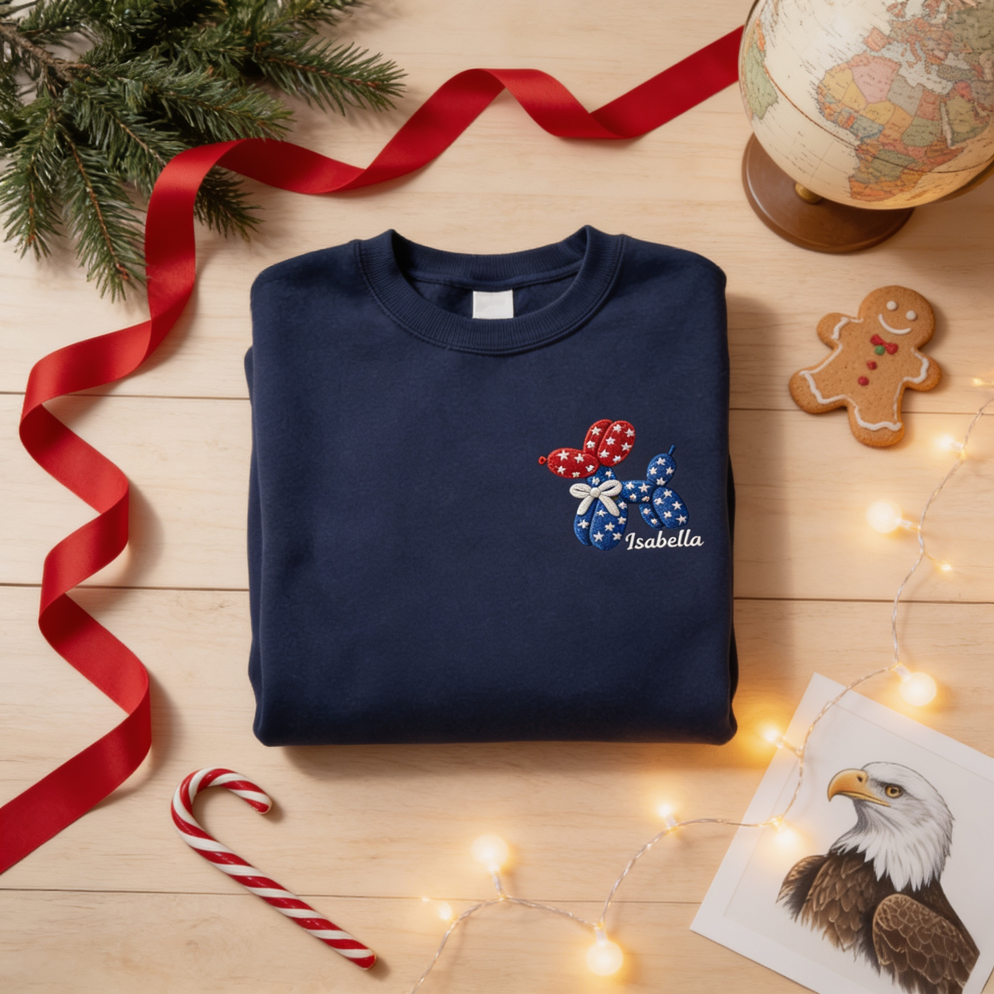 Personalized Patriotic Balloon Dog Embroidered Sweatshirt | Custom Name American Flag Crewneck Gift