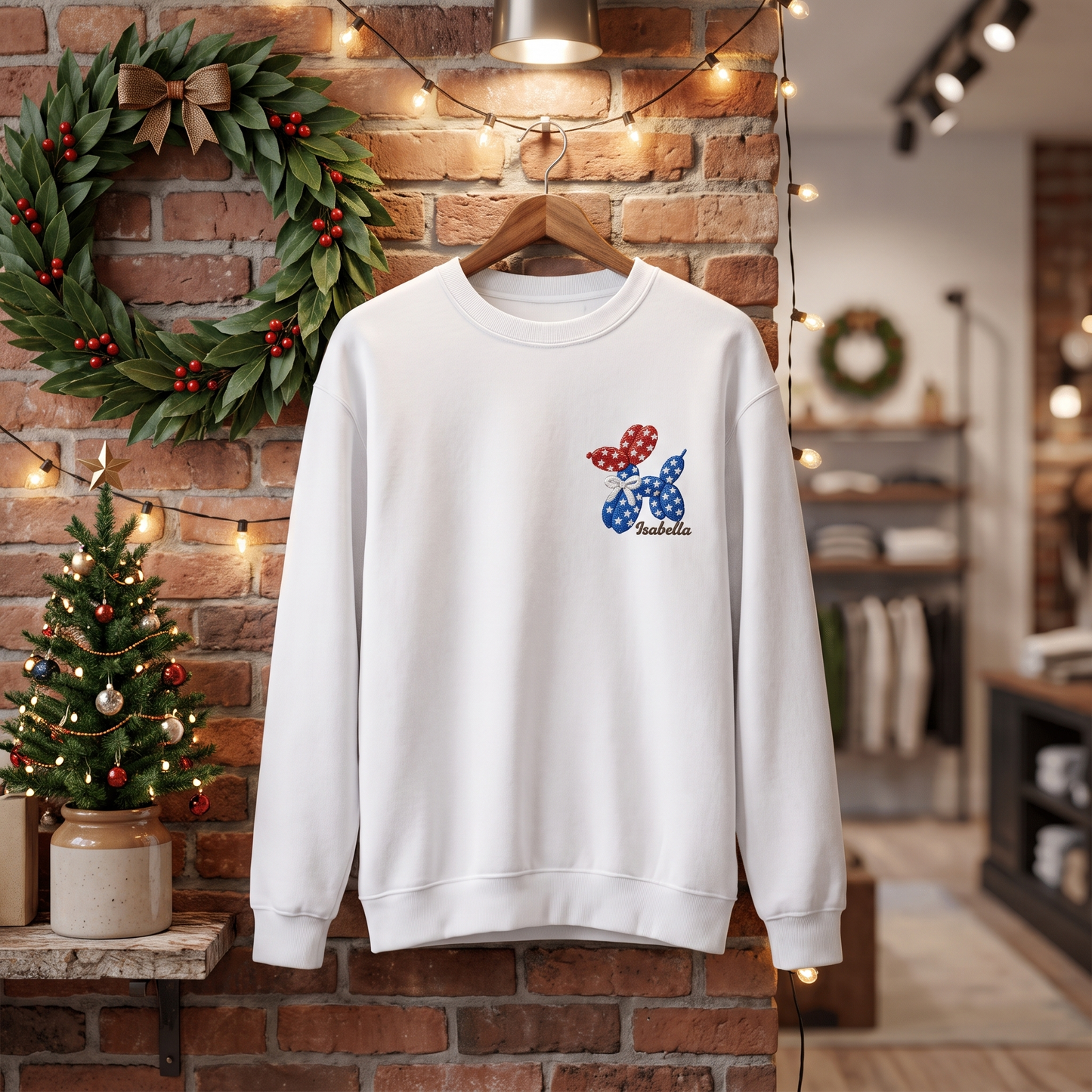 Personalized Patriotic Balloon Dog Embroidered Sweatshirt | Custom Name American Flag Crewneck Gift