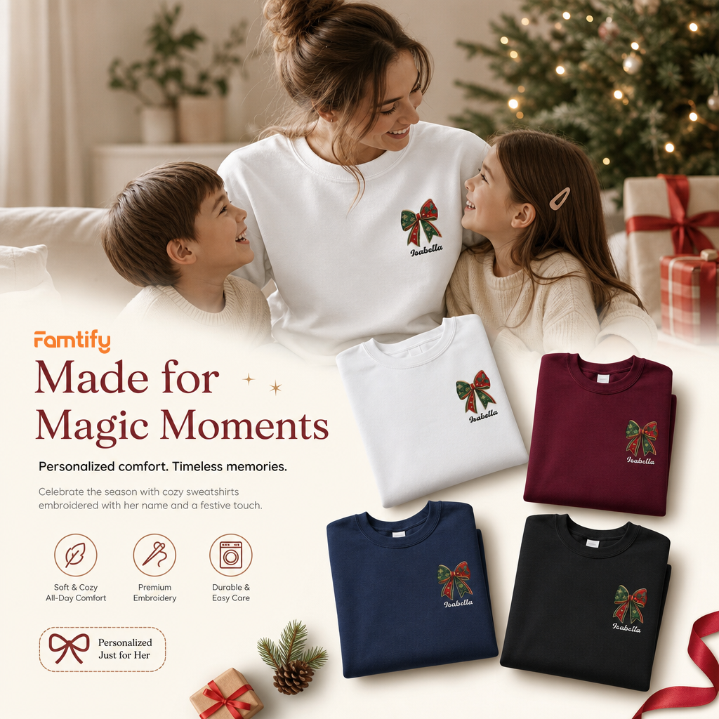 Personalized Christmas Bow Embroidered Sweatshirt | Custom Name Holiday Ribbon Crewneck Gift