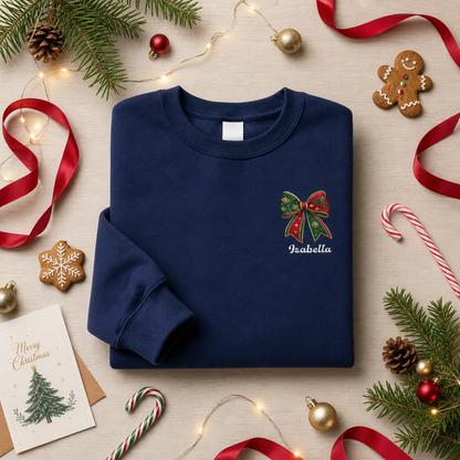 Personalized Christmas Bow Embroidered Sweatshirt | Custom Name Holiday Ribbon Crewneck Gift