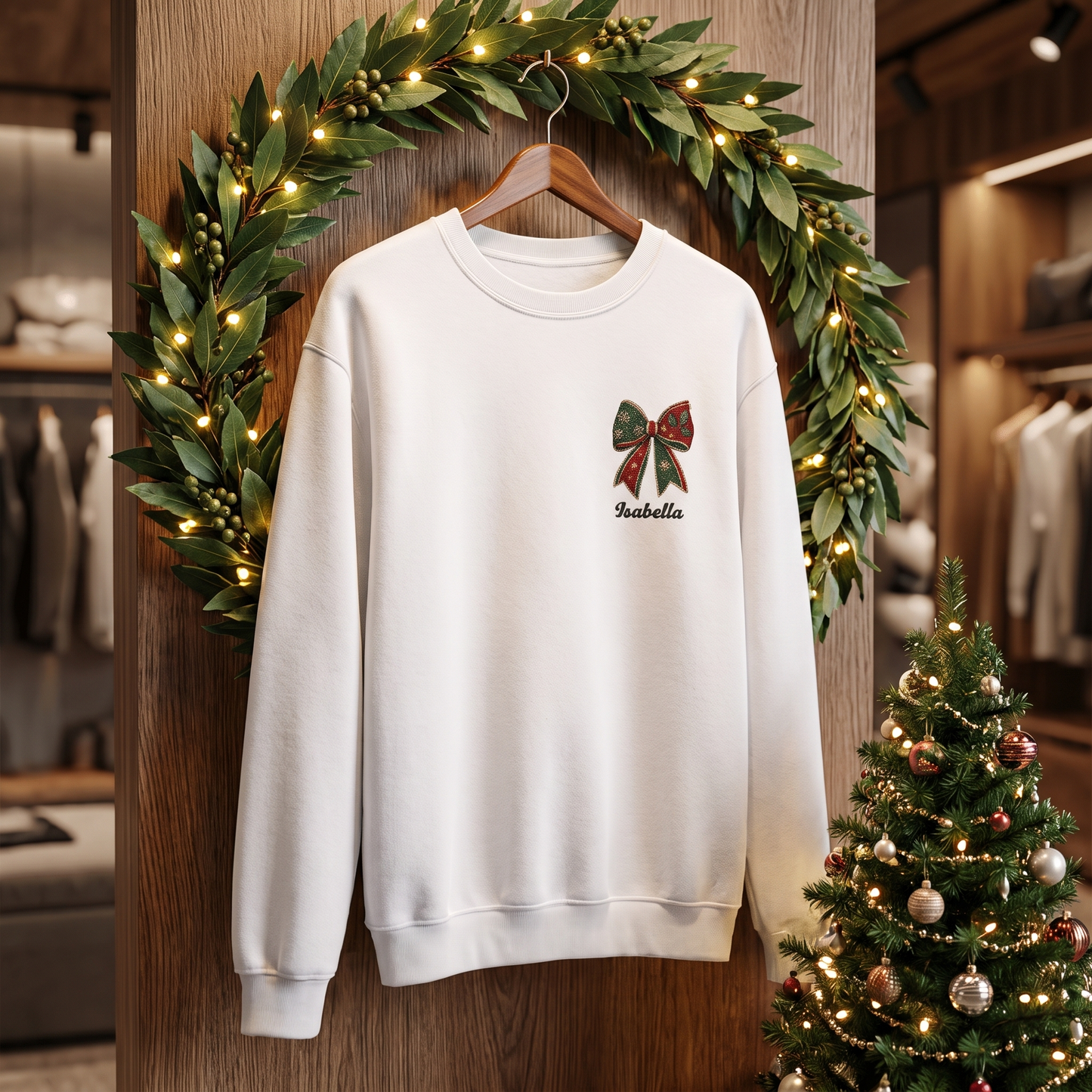 Personalized Christmas Bow Embroidered Sweatshirt | Custom Name Holiday Ribbon Crewneck Gift