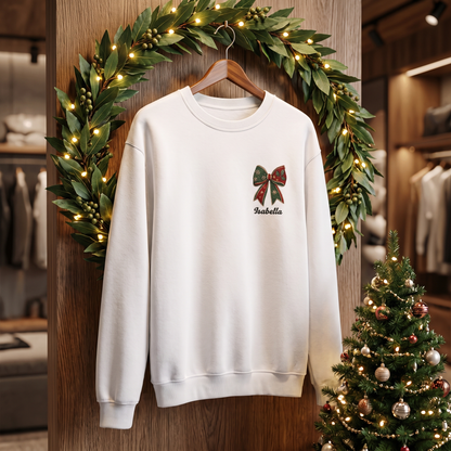 Personalized Christmas Bow Embroidered Sweatshirt | Custom Name Holiday Ribbon Crewneck Gift
