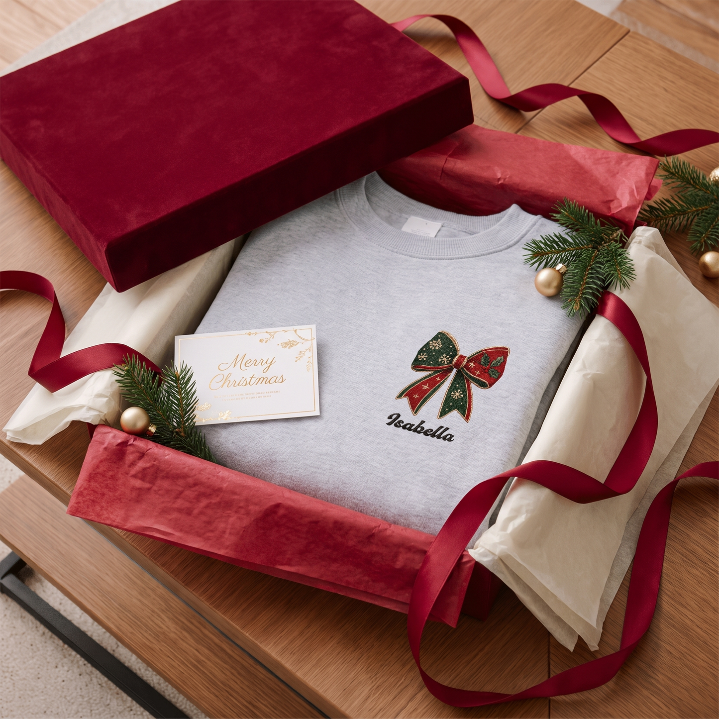 Personalized Christmas Bow Embroidered Sweatshirt | Custom Name Holiday Ribbon Crewneck Gift