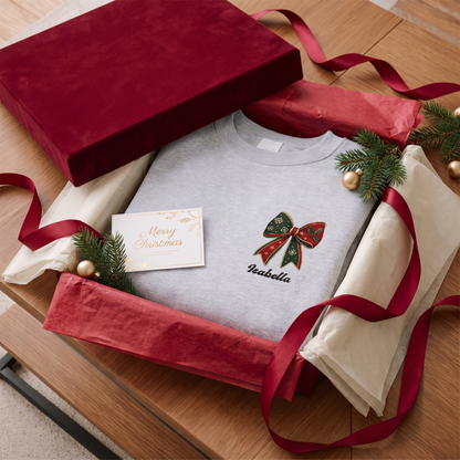 Personalized Christmas Bow Embroidered Sweatshirt | Custom Name Holiday Ribbon Crewneck Gift