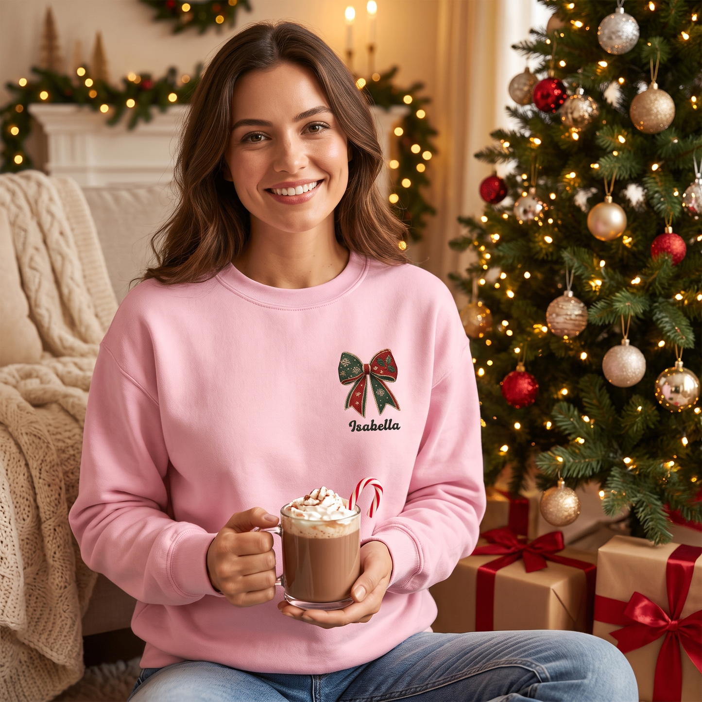 Personalized Christmas Bow Embroidered Sweatshirt | Custom Name Holiday Ribbon Crewneck Gift