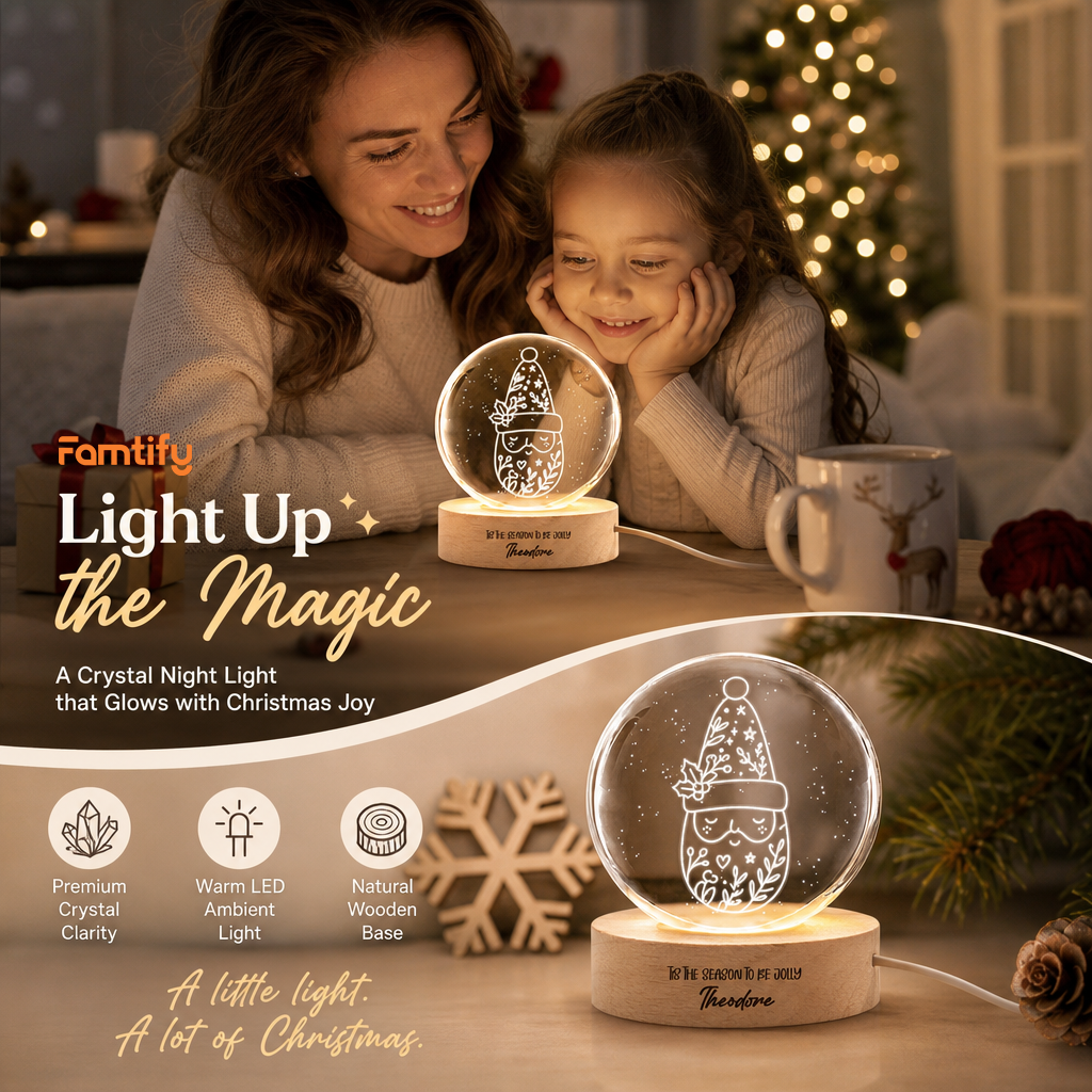 Custom Christmas Gnome Botanical Hat 3D Laser Engraved Crystal Ball with LED Wooden Standee, Personalized Name Holiday Night Light Keepsake