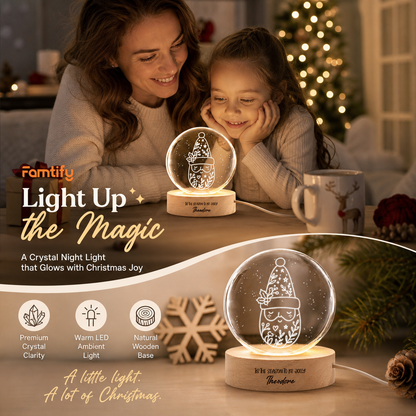 Custom Christmas Gnome Botanical Hat 3D Laser Engraved Crystal Ball with LED Wooden Standee, Personalized Name Holiday Night Light Keepsake
