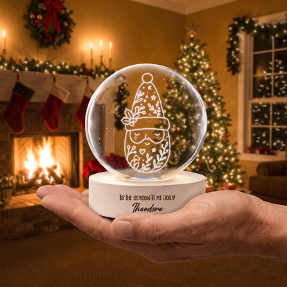 Custom Christmas Gnome Botanical Hat 3D Laser Engraved Crystal Ball with LED Wooden Standee, Personalized Name Holiday Night Light Keepsake