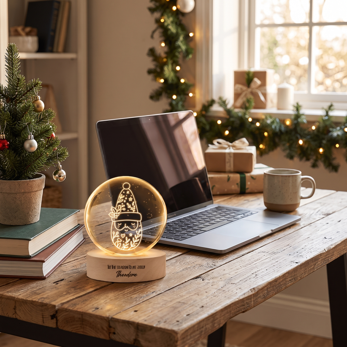 Custom Christmas Gnome Botanical Hat 3D Laser Engraved Crystal Ball with LED Wooden Standee, Personalized Name Holiday Night Light Keepsake