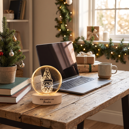 Custom Christmas Gnome Botanical Hat 3D Laser Engraved Crystal Ball with LED Wooden Standee, Personalized Name Holiday Night Light Keepsake