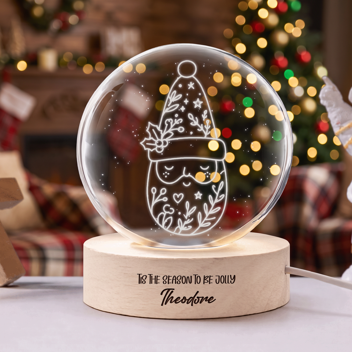 Custom Christmas Gnome Botanical Hat 3D Laser Engraved Crystal Ball with LED Wooden Standee, Personalized Name Holiday Night Light Keepsake