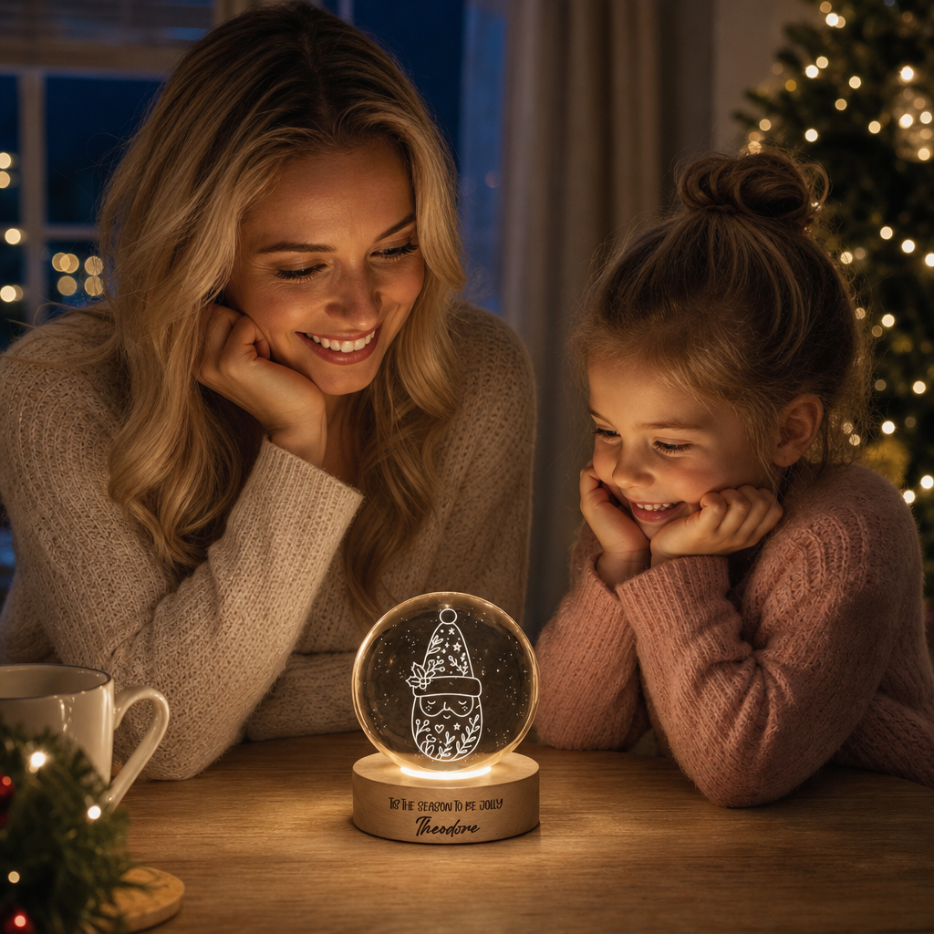Custom Christmas Gnome Botanical Hat 3D Laser Engraved Crystal Ball with LED Wooden Standee, Personalized Name Holiday Night Light Keepsake
