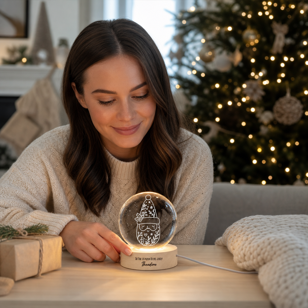 Custom Christmas Gnome Botanical Hat 3D Laser Engraved Crystal Ball with LED Wooden Standee, Personalized Name Holiday Night Light Keepsake
