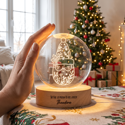 Custom Christmas Gnome Botanical Hat 3D Laser Engraved Crystal Ball with LED Wooden Standee, Personalized Name Holiday Night Light Keepsake