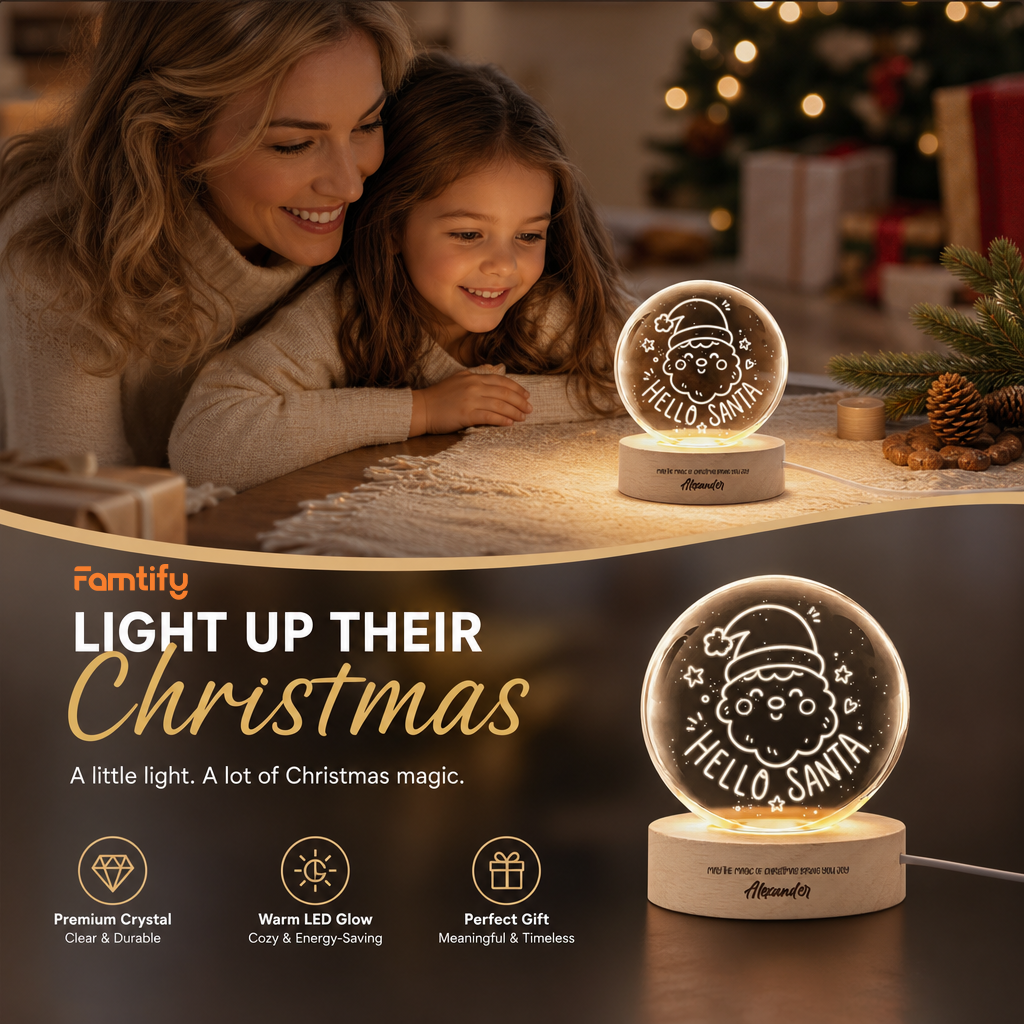 Custom Hello Santa Claus Face 3D Laser Engraved Crystal Ball with LED Wooden Standee, Personalized Name Holiday Night Light Keepsake