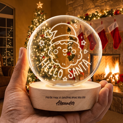 Custom Hello Santa Claus Face 3D Laser Engraved Crystal Ball with LED Wooden Standee, Personalized Name Holiday Night Light Keepsake