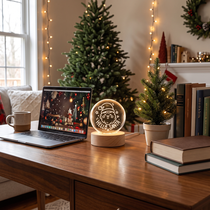 Custom Hello Santa Claus Face 3D Laser Engraved Crystal Ball with LED Wooden Standee, Personalized Name Holiday Night Light Keepsake