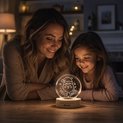 Custom Hello Santa Claus Face 3D Laser Engraved Crystal Ball with LED Wooden Standee, Personalized Name Holiday Night Light Keepsake