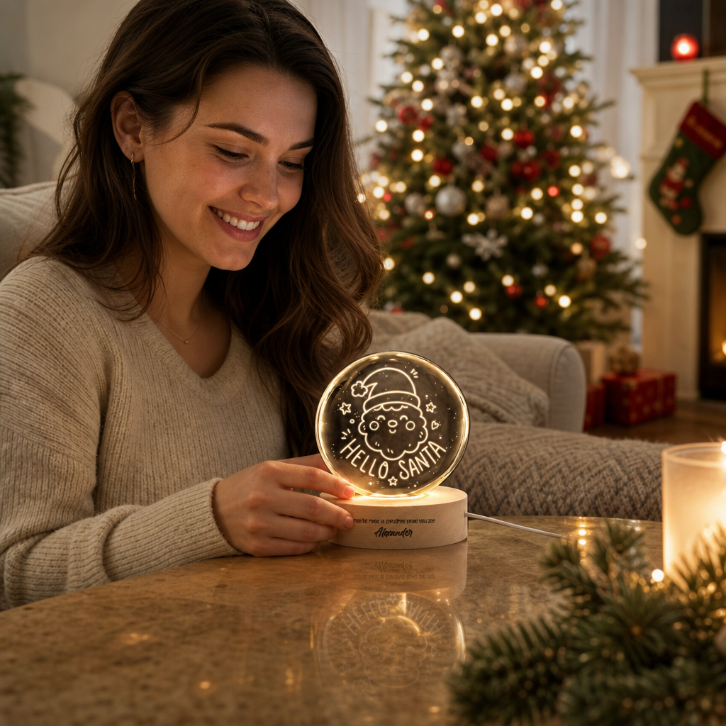 Custom Hello Santa Claus Face 3D Laser Engraved Crystal Ball with LED Wooden Standee, Personalized Name Holiday Night Light Keepsake