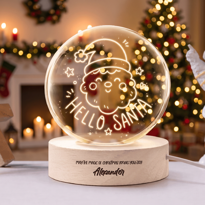 Custom Hello Santa Claus Face 3D Laser Engraved Crystal Ball with LED Wooden Standee, Personalized Name Holiday Night Light Keepsake