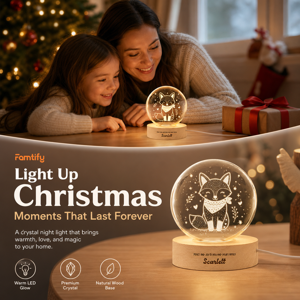 Custom Cute Winter Fox Scarf 3D Laser Engraved Crystal Ball with LED Wooden Standee, Personalized Name Holiday Night Light Keepsake