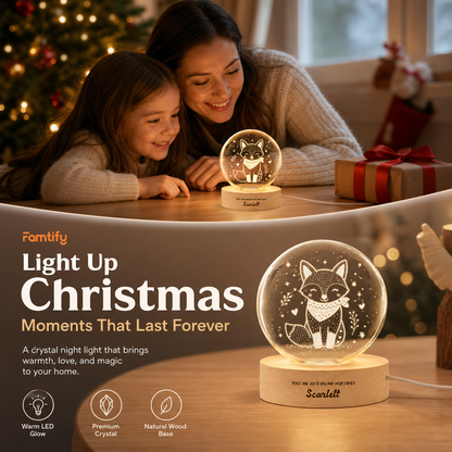 Custom Cute Winter Fox Scarf 3D Laser Engraved Crystal Ball with LED Wooden Standee, Personalized Name Holiday Night Light Keepsake