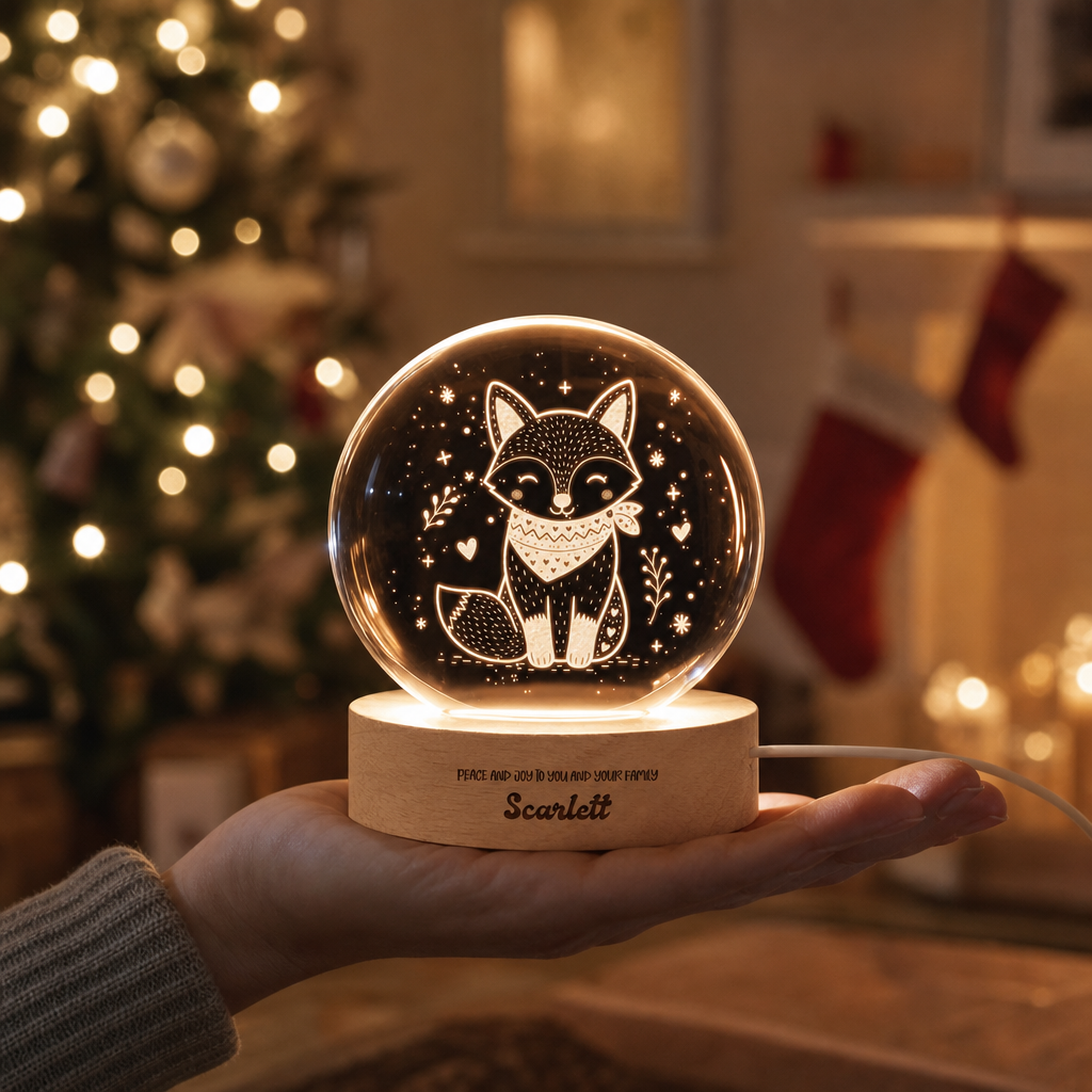 Custom Cute Winter Fox Scarf 3D Laser Engraved Crystal Ball with LED Wooden Standee, Personalized Name Holiday Night Light Keepsake
