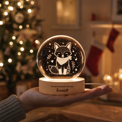 Custom Cute Winter Fox Scarf 3D Laser Engraved Crystal Ball with LED Wooden Standee, Personalized Name Holiday Night Light Keepsake