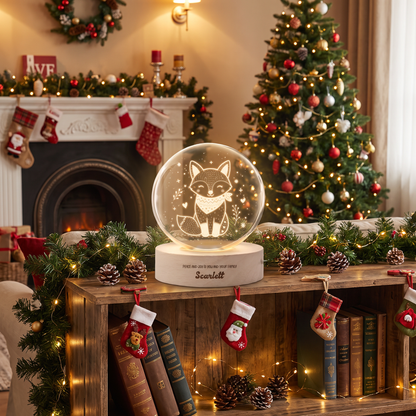 Custom Cute Winter Fox Scarf 3D Laser Engraved Crystal Ball with LED Wooden Standee, Personalized Name Holiday Night Light Keepsake