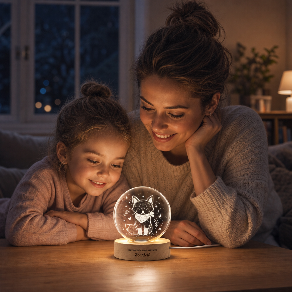 Custom Cute Winter Fox Scarf 3D Laser Engraved Crystal Ball with LED Wooden Standee, Personalized Name Holiday Night Light Keepsake