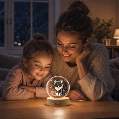 Custom Cute Winter Fox Scarf 3D Laser Engraved Crystal Ball with LED Wooden Standee, Personalized Name Holiday Night Light Keepsake