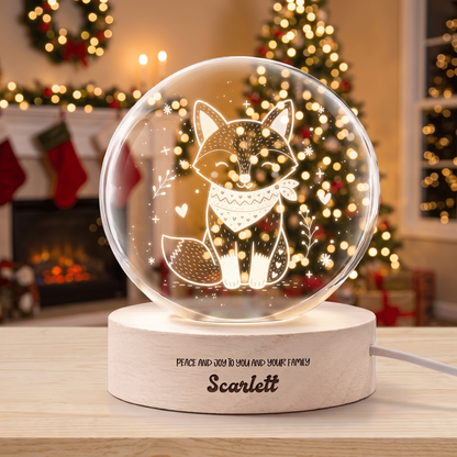 Custom Cute Winter Fox Scarf 3D Laser Engraved Crystal Ball with LED Wooden Standee, Personalized Name Holiday Night Light Keepsake